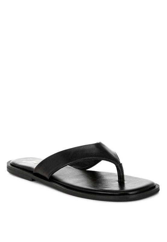 Black toe-post thong flat with smooth T-strap and open square toe