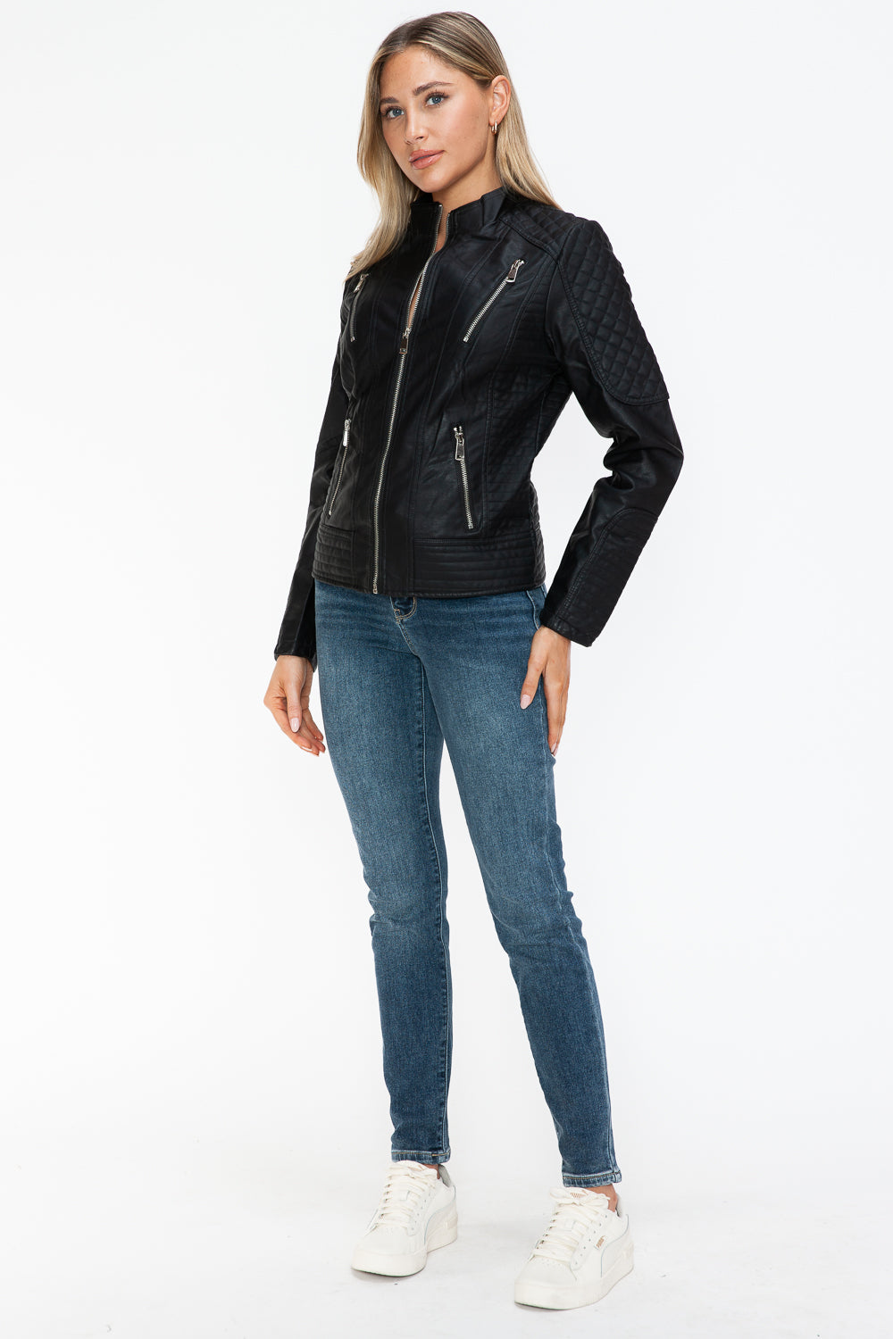 Black Faux Leather Zip Up Mock Neck Jacket