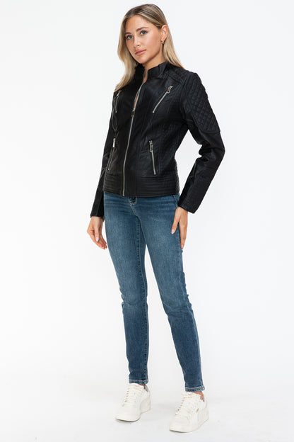 Black Faux Leather Zip Up Mock Neck Jacket