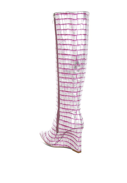 Bass Head Croco Metallic Wedge Heel Long Boots - Tigbul's Variety Fashion Shop