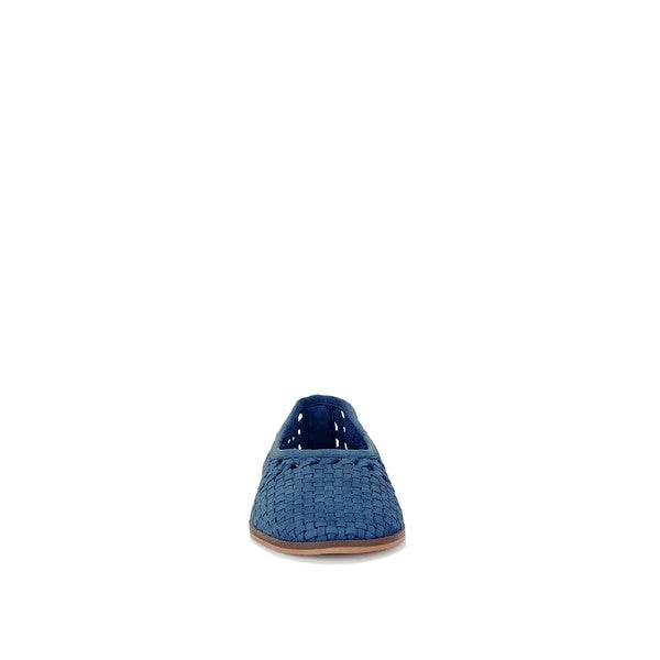 Blue suede ballet flats, heel view showing low profile and perforated upper