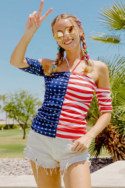 American Flag Off Shoulder With Front Ruched Top - Tigbul's Variety Fashion Shop