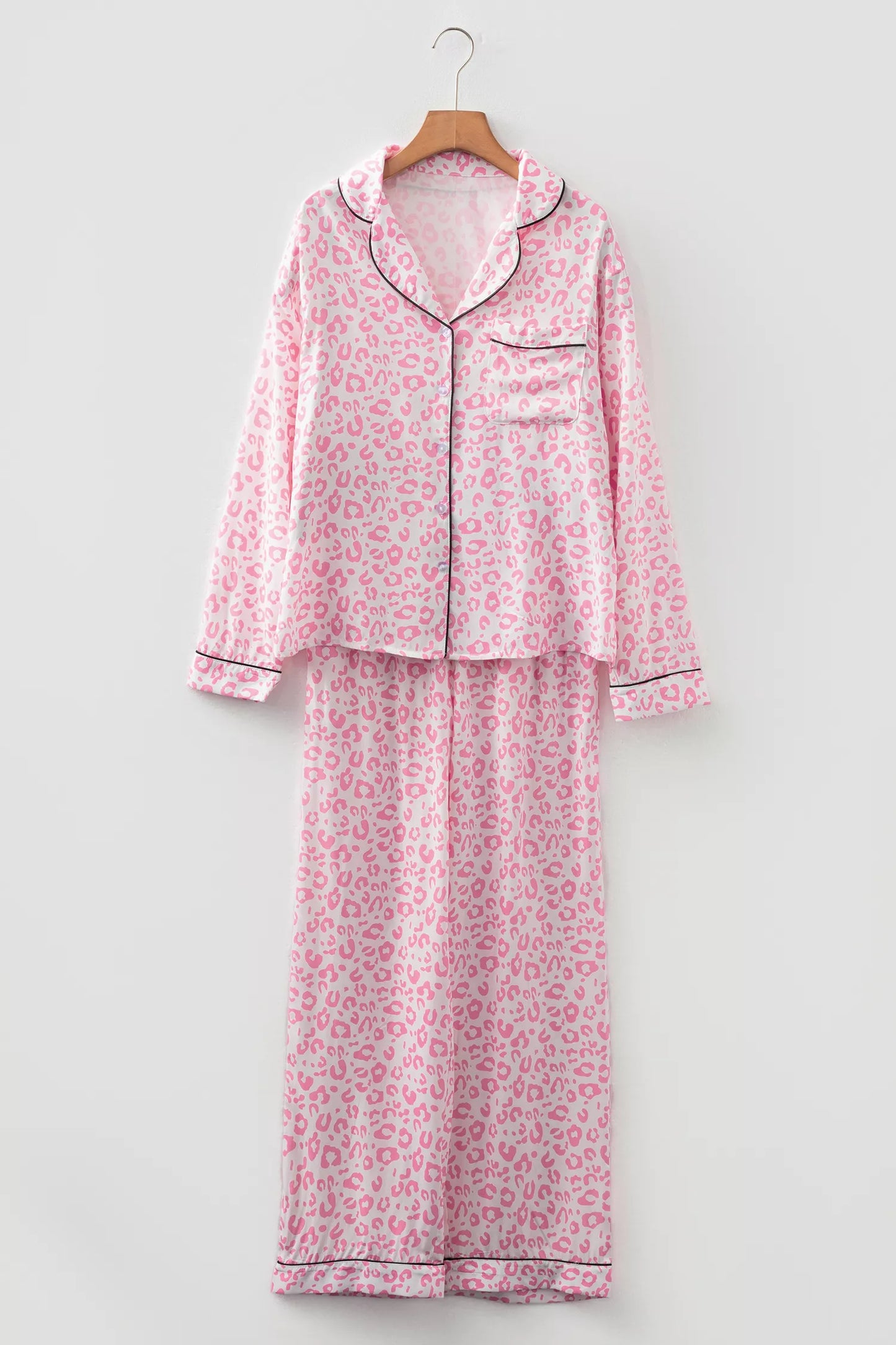 Leopard Print Button Up Top and Pants 2cps Pajama Set - Tigbul's Variety Fashion Shop