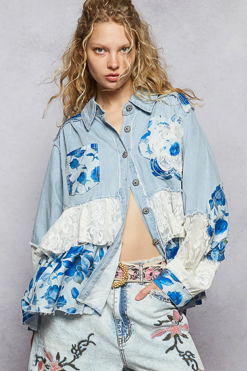 POL Floral Patchwork Denim Shirt with Lace Trim Details - Tigbul's Variety Fashion Shop