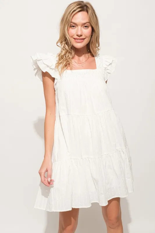 Origami Pleating Ruffled Sleeve Off White Tiered Dress - Tigbul's Variety Fashion Shop