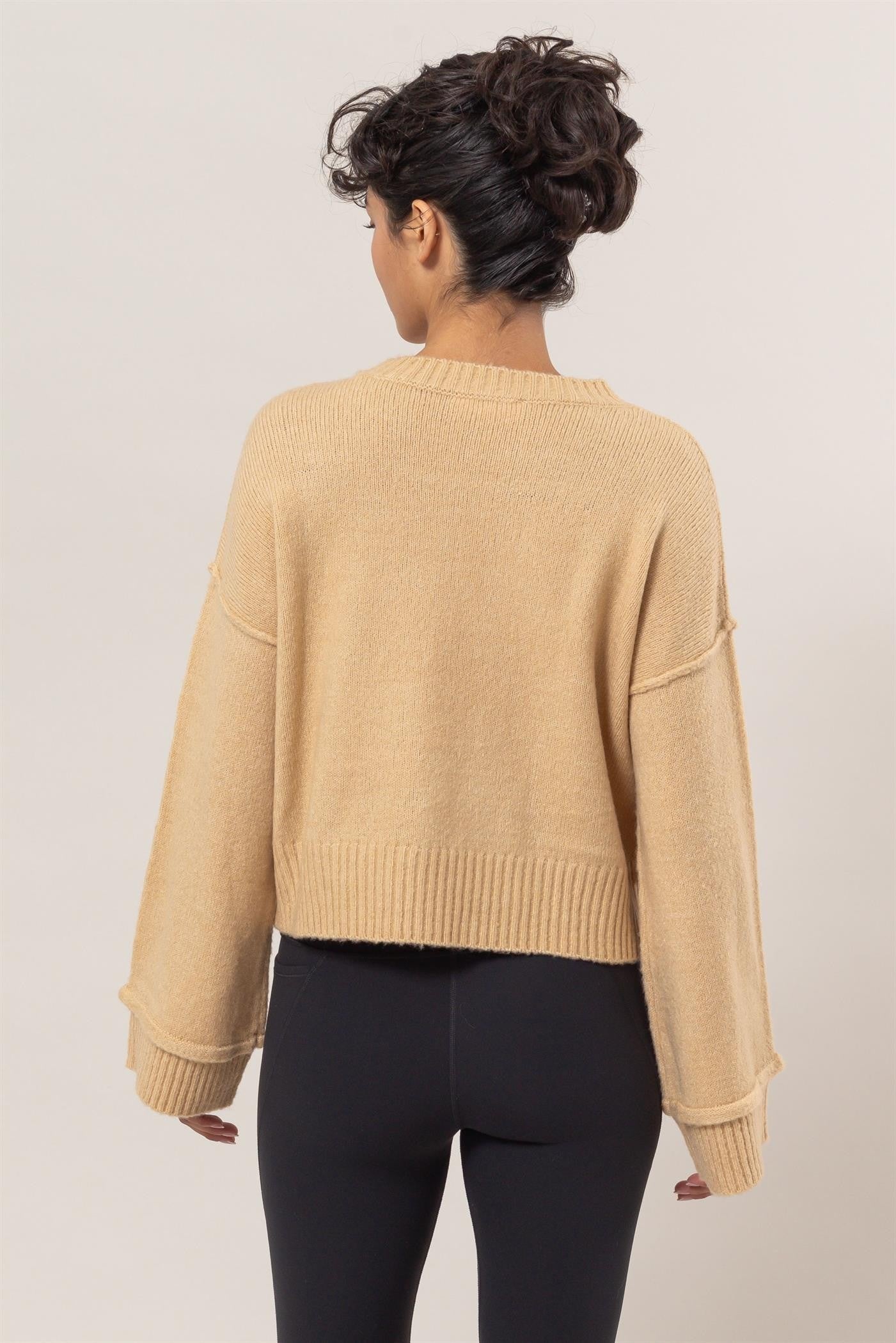 Taupe Round Neck Dropped Shoulder Ribbed Sweater - Tigbul's Variety Fashion Shop