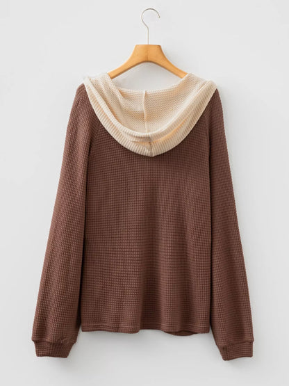 Waffle Contrast Half Buttoned Hooded Pullover Top - Tigbul's Variety Fashion Shop