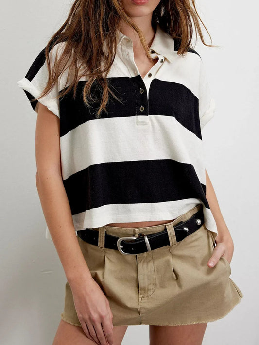 Striped Collared Neck Short Sleeve Top - Tigbul's Variety Fashion Shop