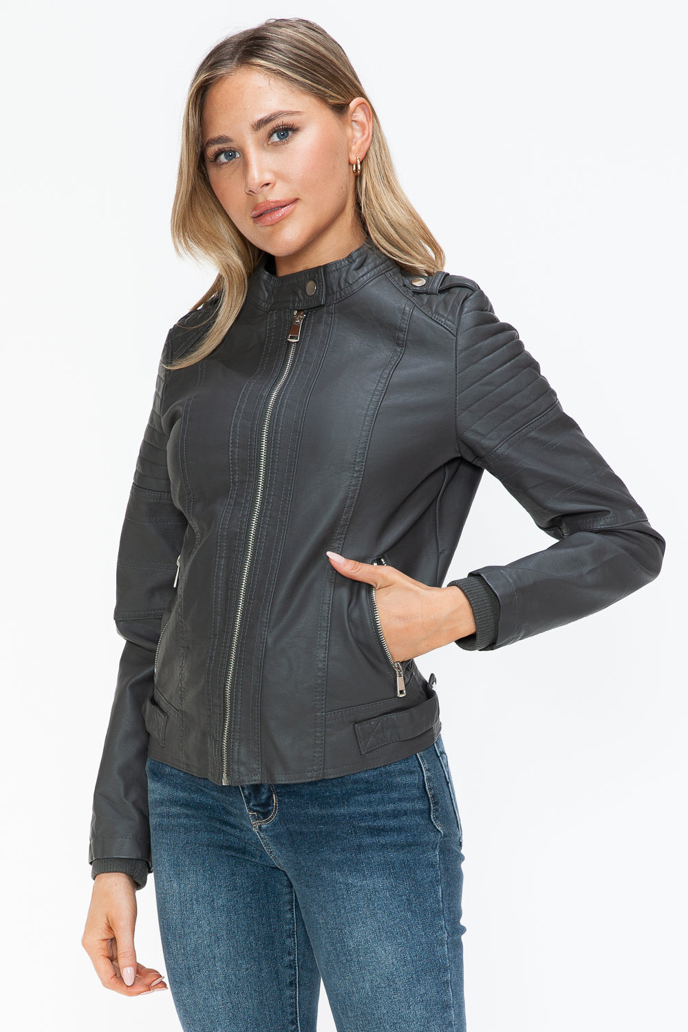 Charcoal PU Leather Biker Jacket with Side Zip Pockets