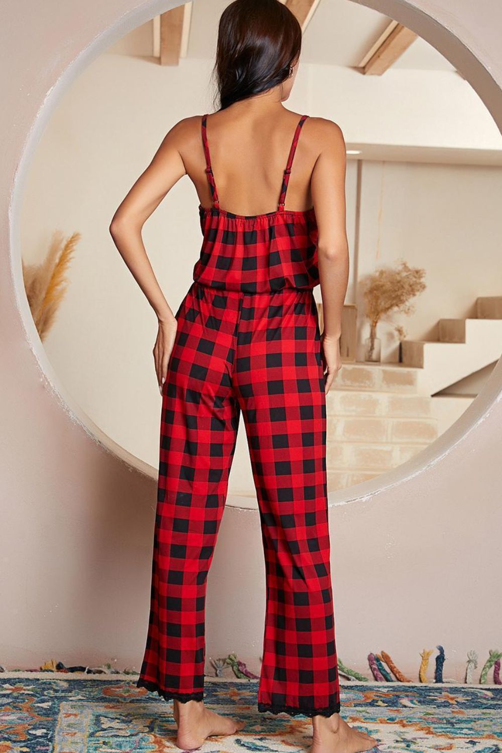 Plaid Lace Trim Spaghetti Strap Jumpsuit - Tigbul's Variety Fashion Shop