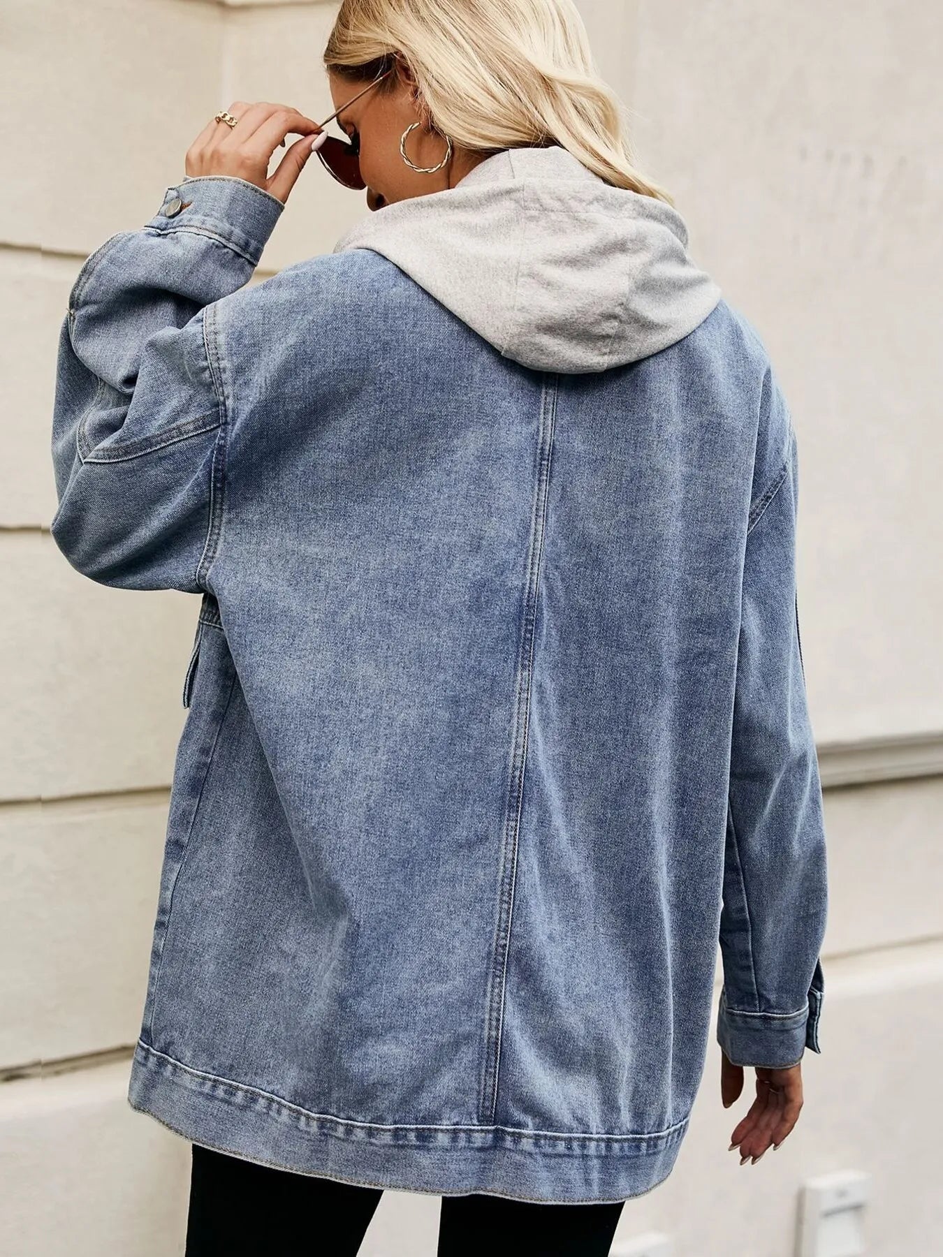 Oversized Button Up Denim Jacket with Hood - Tigbul's Variety Fashion Shop