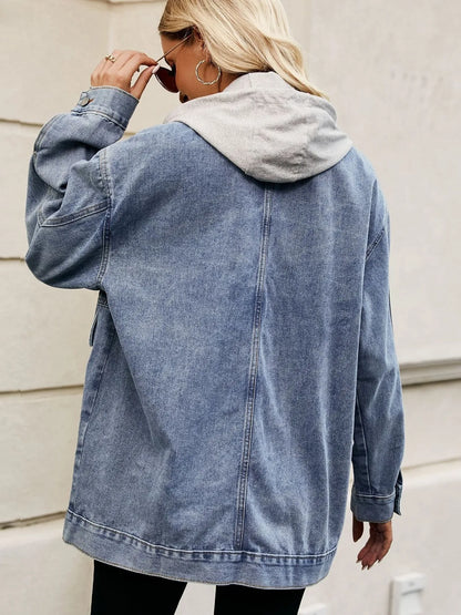 Oversized Button Up Denim Jacket with Hood - Tigbul's Variety Fashion Shop