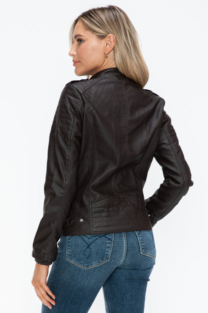 Brown PU Leather Biker Jacket with Side Zip Pockets