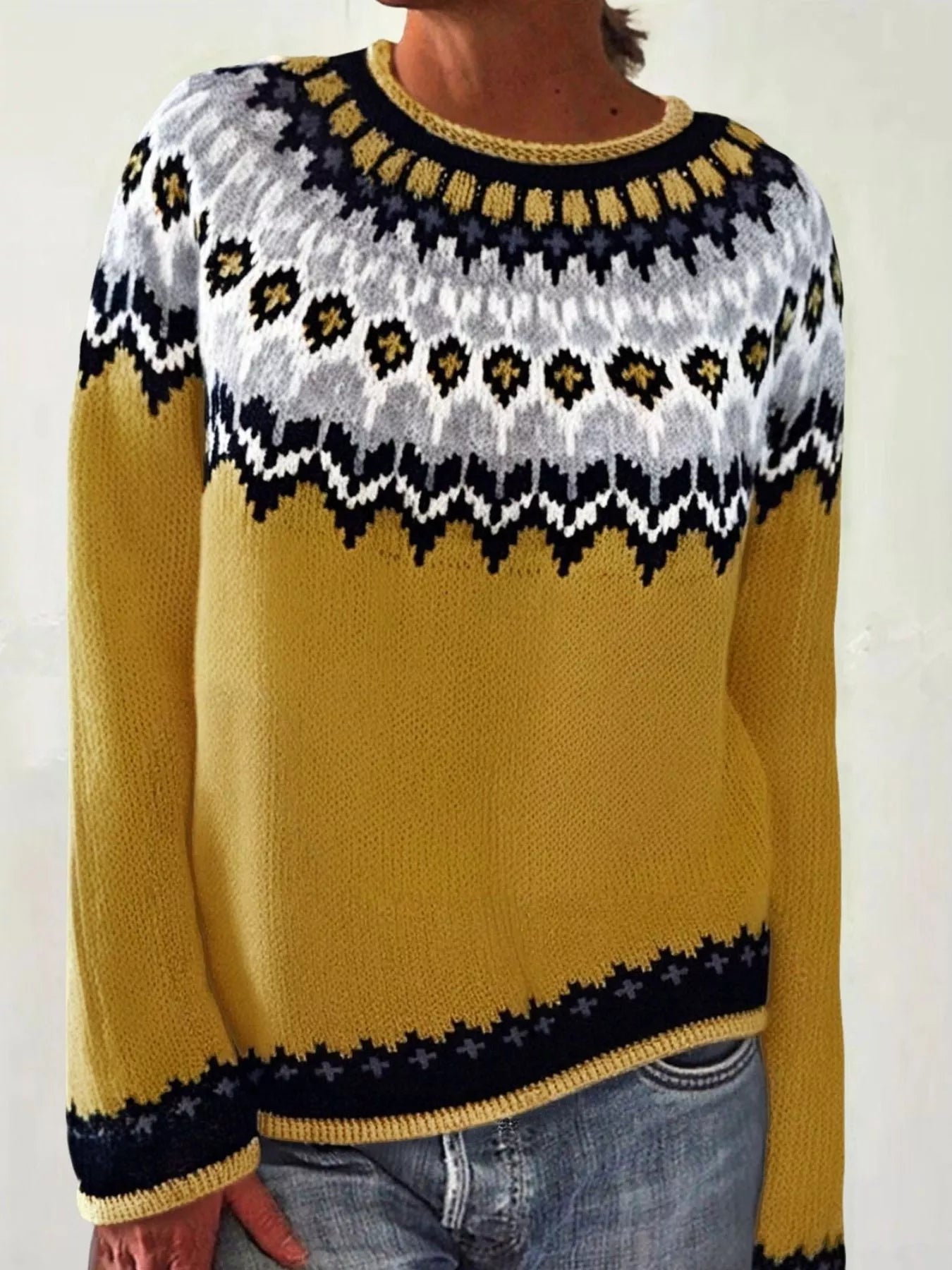 Full Size Vintage Patterned Round Neck Sweater Plus Size - Tigbul's Variety Fashion Shop