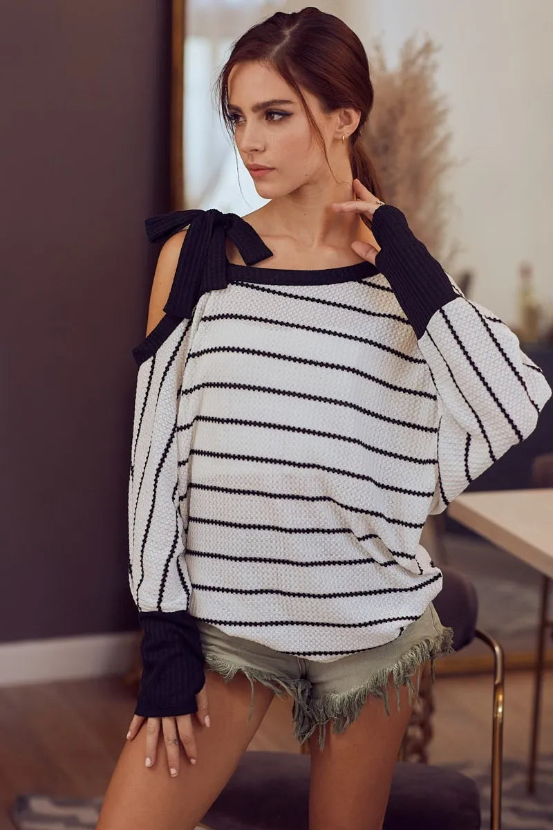 Stripe Yarn Dye Waffle One Shoulder Ribbon Detail Top - Tigbul's Variety Fashion Shop