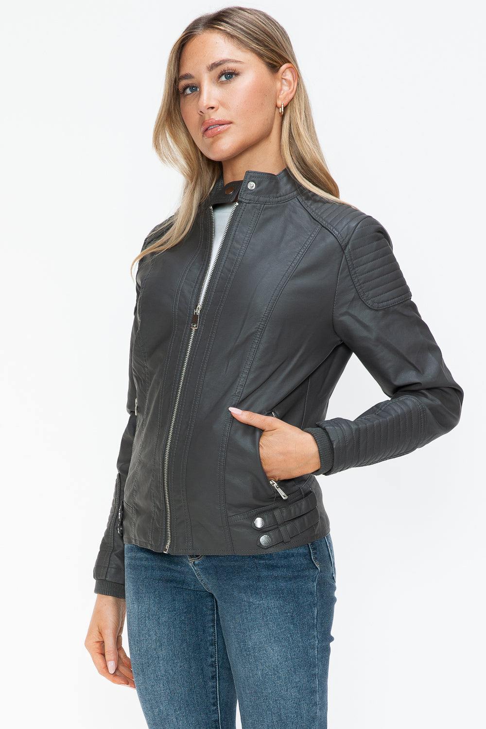 Charcoal Faux Leather Biker Jacket with Side Zip Pockets