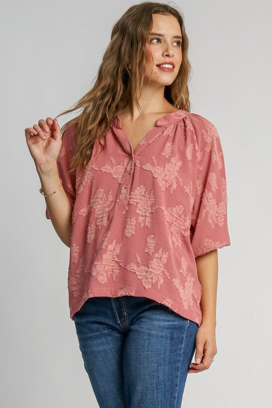 Umgee Full Size Notched Button Detail Half Sleeve Blouse Plus Size - Tigbul's Variety Fashion Shop