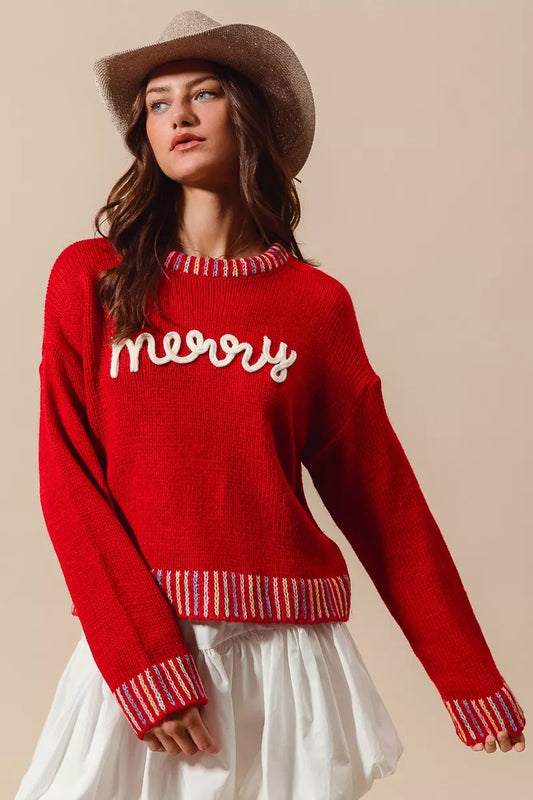 SO ME Merry Lettering Embroidered Christmas Sweater - Tigbul's Variety Fashion Shop