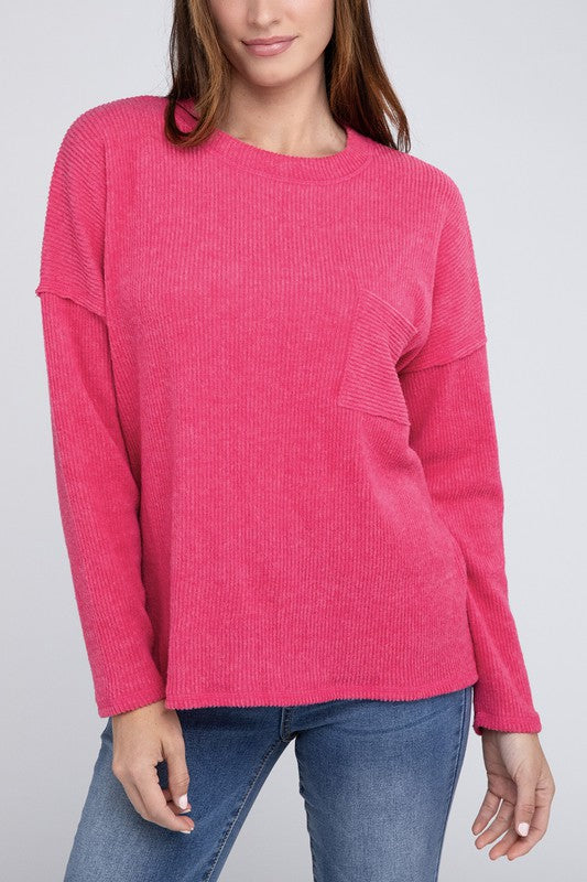 Ribbed Brushed Melange Hacci Sweater with a Pocket - Tigbuls Variety Fashion