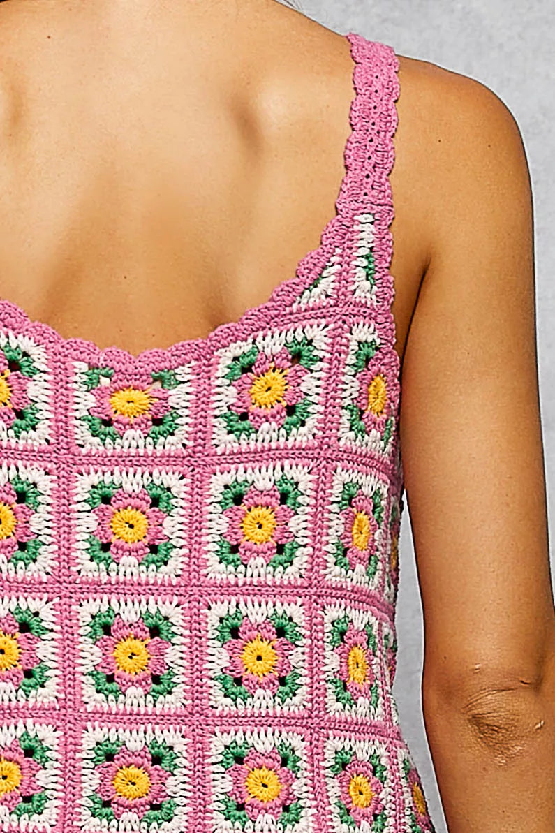 POL Scalloped Edge Cropped Crochet Cami with Granny Square Pattern - Tigbul's Variety Fashion Shop