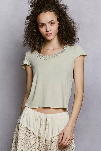 POL Round Neck Short Sleeve Crop T-Shirt with Lace Trim - Tigbul's Variety Fashion Shop