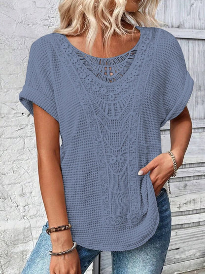 Crochet Lace Short Sleeve Casual T-Shirt - Tigbul's Variety Fashion Shop