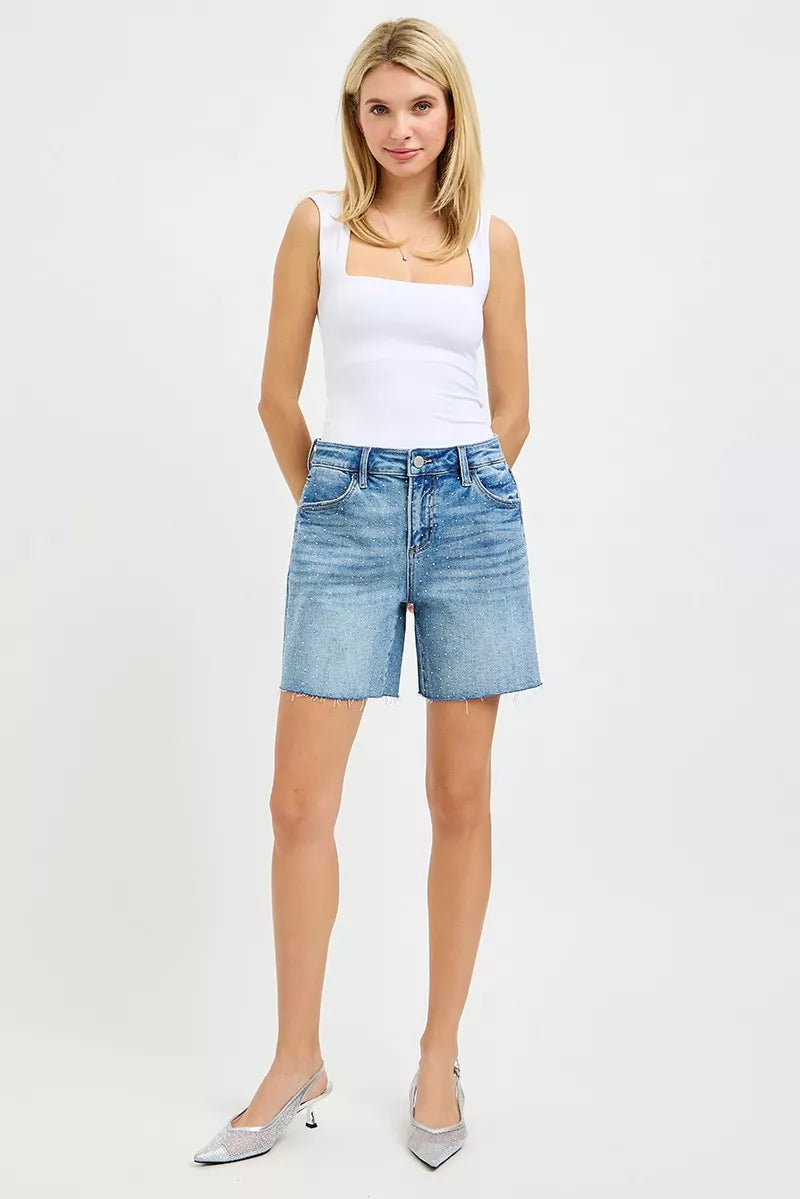 Medium blue rhinestone denim shorts, slouchy mid-length with frayed hem