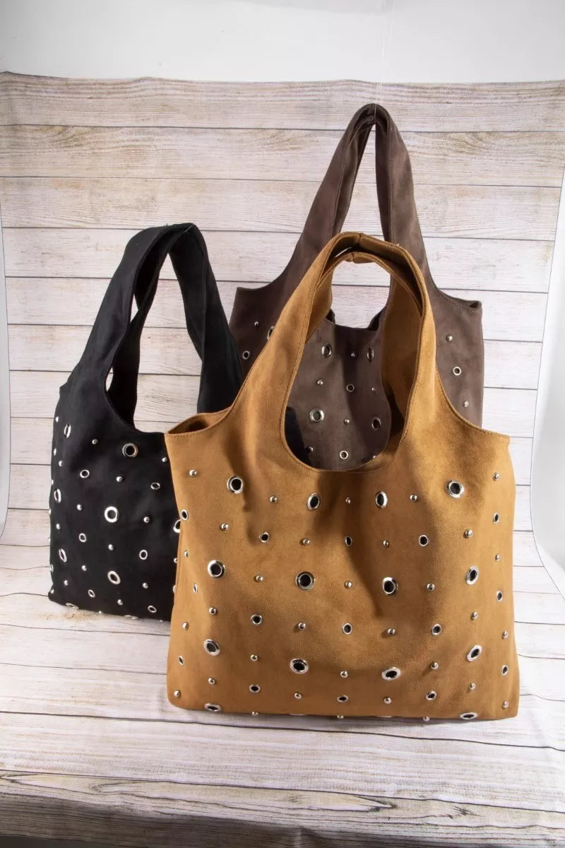 Suede shoulder bags in dark and tan with silver grommet stud detailing