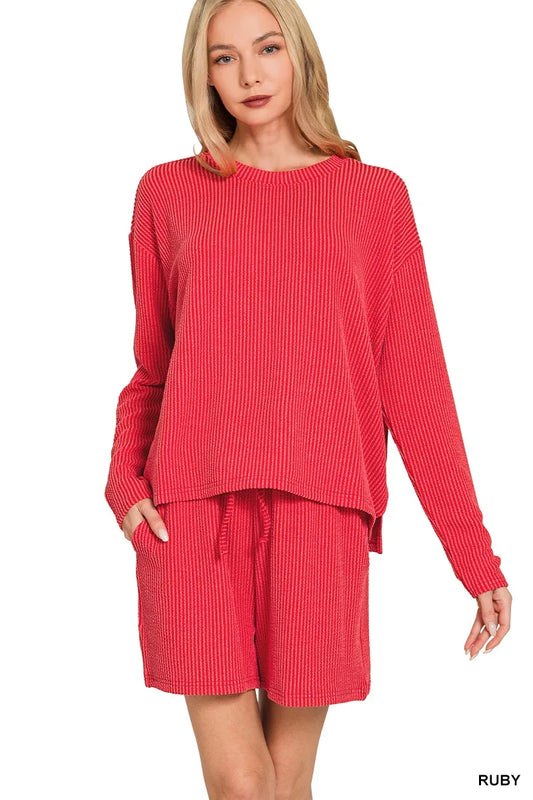 Zenana Corded Rib Long Sleeve Tee and Shorts Set - Tigbul's Variety Fashion Shop