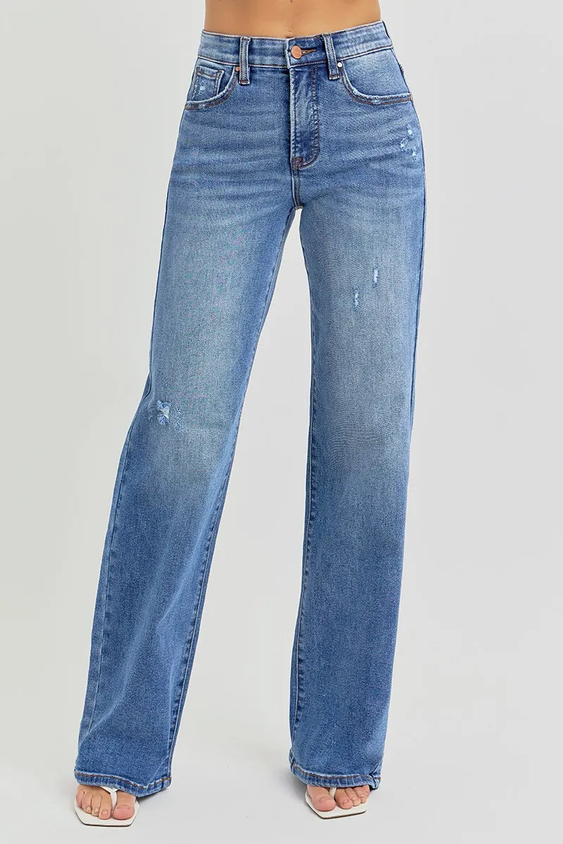 RISEN Full Size Tummy Control Elastic Band High Rise Wide Jeans Plus Size - Tigbul's Variety Fashion Shop