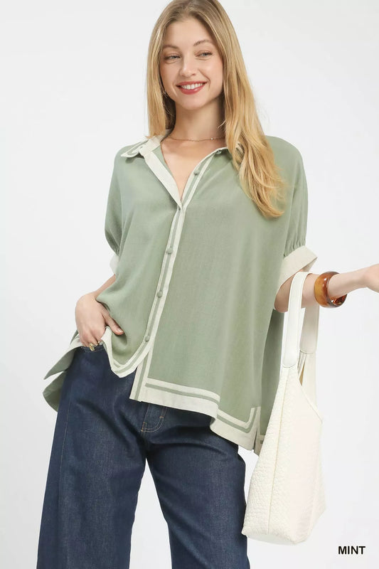 Linen Button Front Top with Contrast Piping - Tigbul's Variety Fashion Shop
