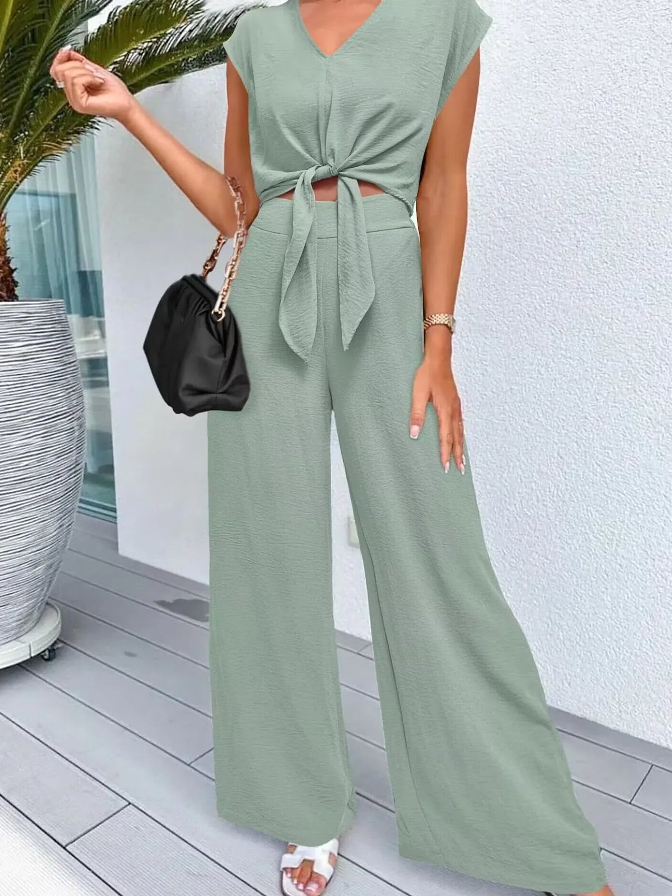 Tie Front Top and Wide Leg Pants Set - Tigbul's Variety Fashion Shop
