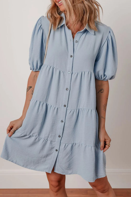 Button Up Puff Sleeve Tiered Shirt Dress - Tigbul's Variety Fashion Shop