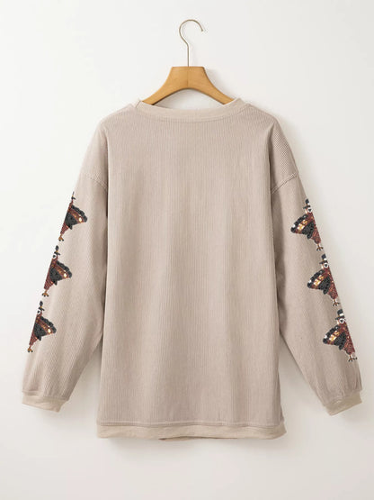 Gobble Corded Ribbed Thanksgiving Turkey Sequin Patched Sleeve Sweatshirt - Tigbul's Variety Fashion Shop