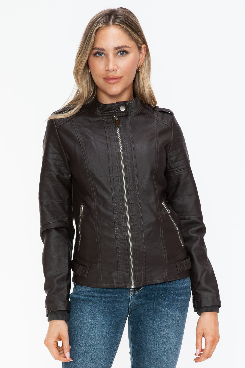 Brown PU Leather Biker Jacket with Side Zip Pockets