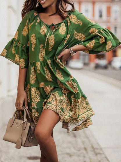 Paisley Print Tie Neck Half Sleeve Mini Dress - Tigbul's Variety Fashion Shop
