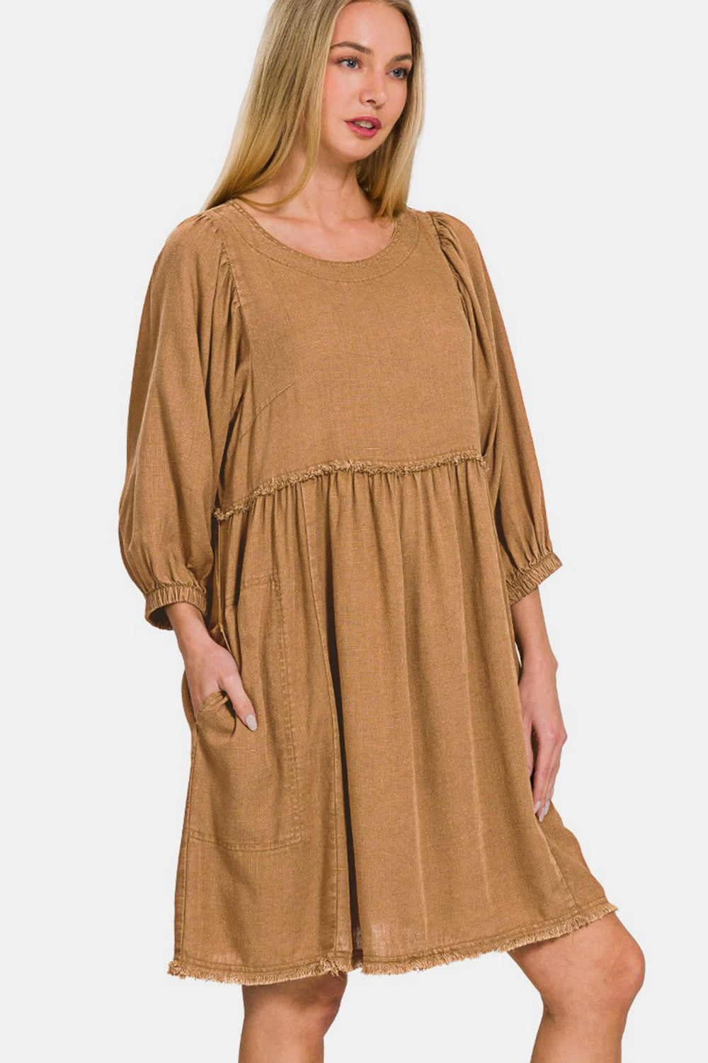 Washed Linen Pleated Puff Sleeve Babydoll Dress - Tigbul's Variety Fashion Shop