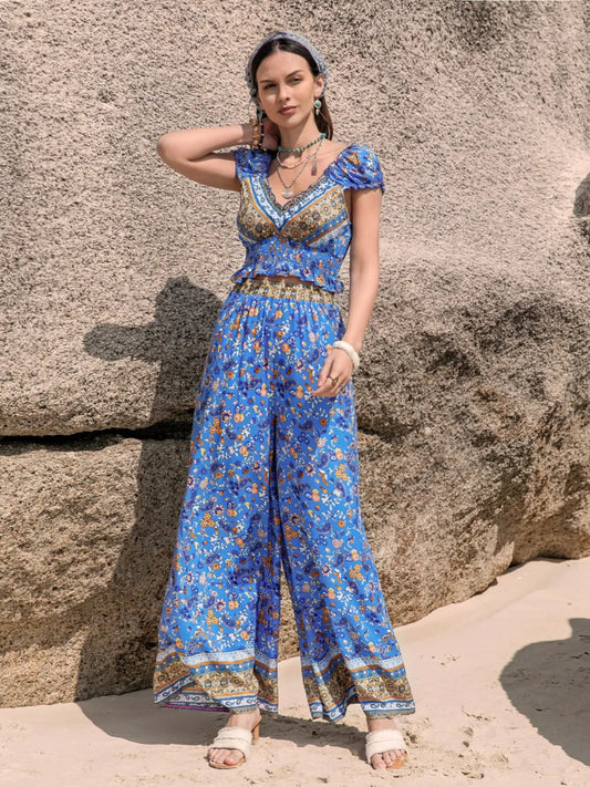 Printed V-Neck Top and Pants Set - Tigbul's Variety Fashion Shop