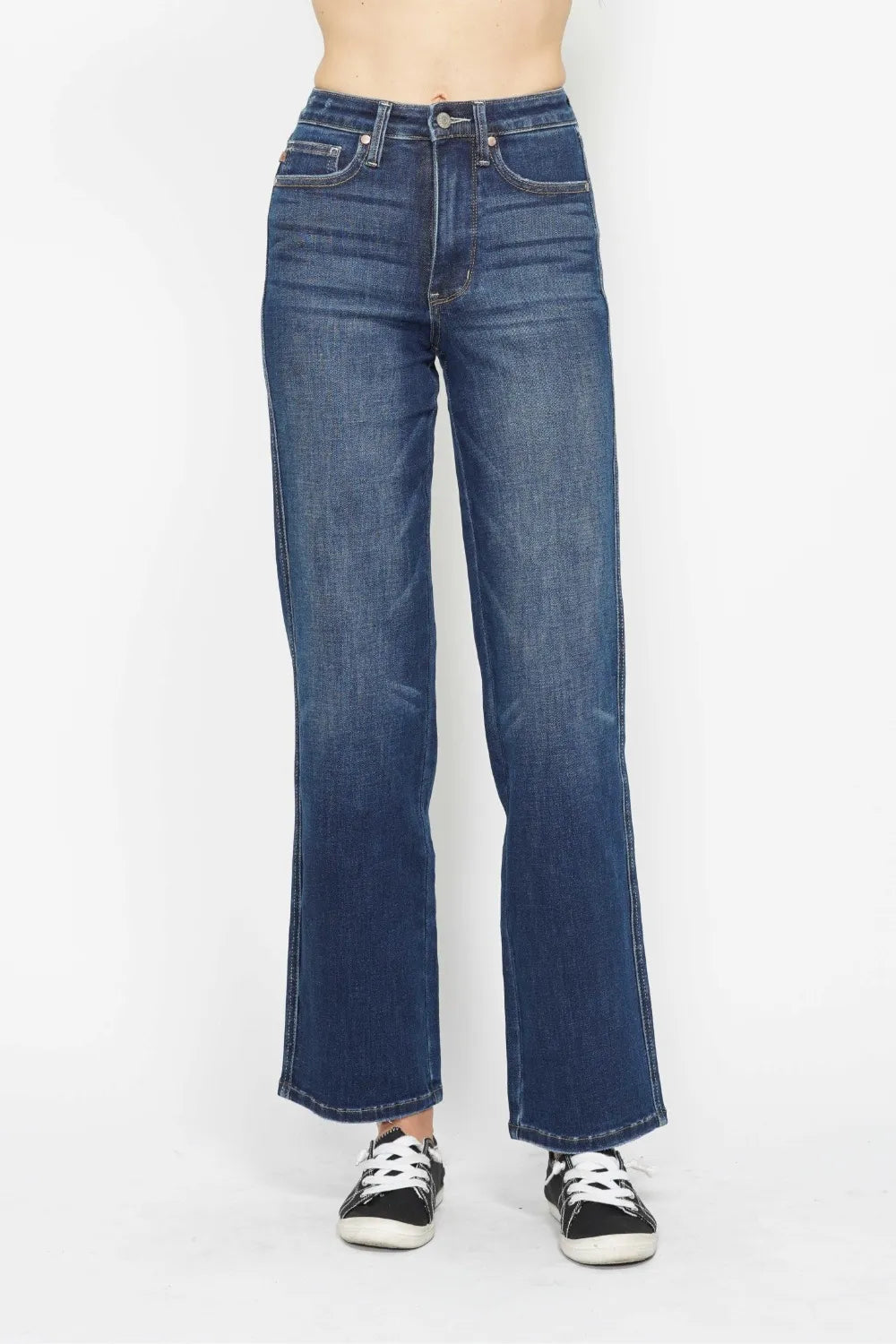 Judy Blue high-waist tummy control jeans, dark wash, straight-leg front view.