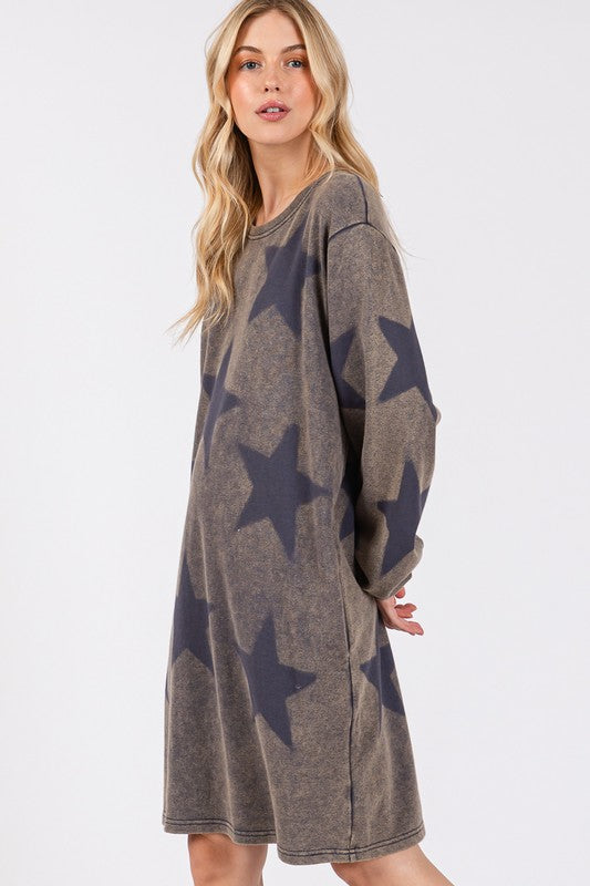 SAGE + FIG Washed Star Print Round Neck Dress - Tigbul's Variety Fashion Shop