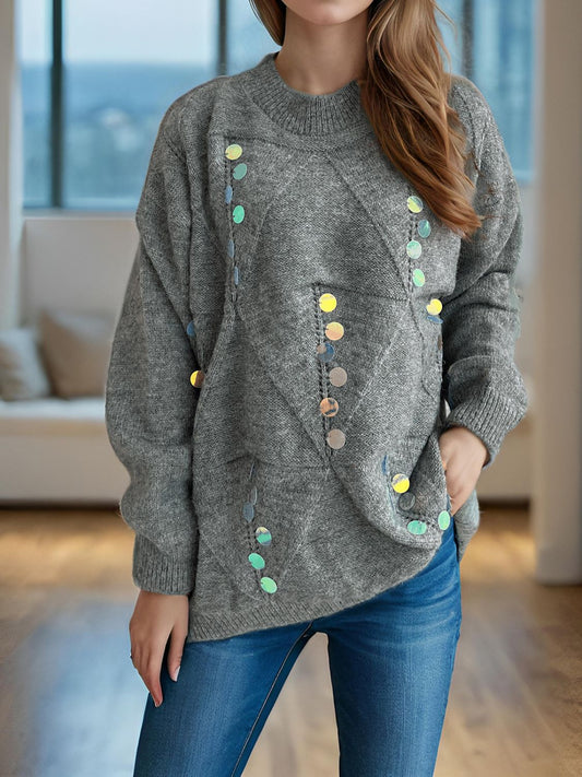 Sequin Mock Neck Long Sleeve Sweater - Tigbul's Variety Fashion Shop