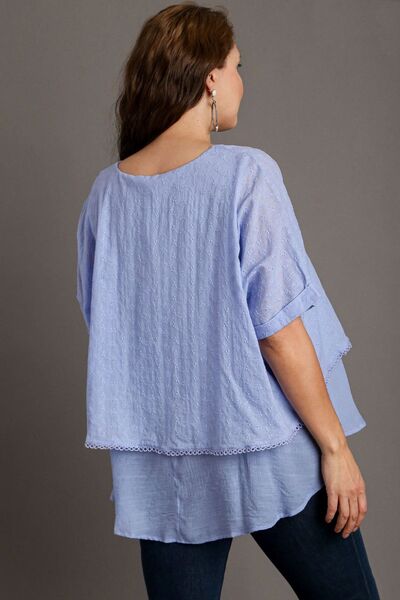 Light Blue Eyelet Layered Short Sleeve Blouse - Tigbul's Variety Fashion Shop