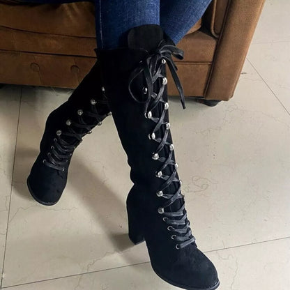 Lace Up Block Heels Boots - Tigbul's Variety Fashion Shop