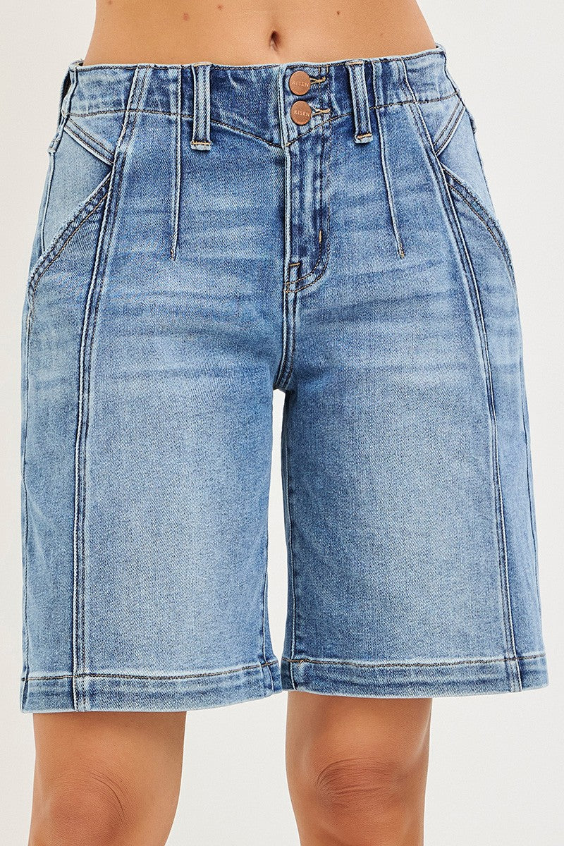Medium-blue denim shorts front with button closure, belt loops, and stitched pockets