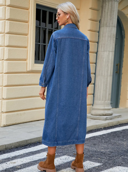 Button Up Long Sleeve Longline Denim Jacket - Tigbul's Variety Fashion Shop