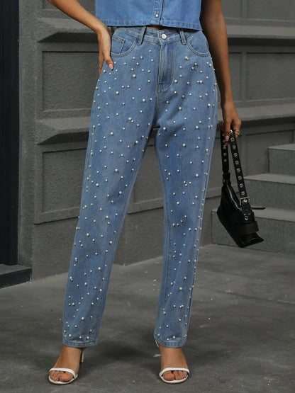 Pearl Detail Blue Jeans with Pockets - Tigbul's Variety Fashion Shop