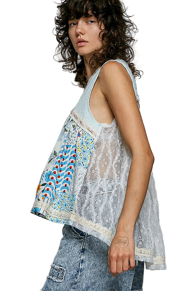 POL Light Blue Floral V-Neck Sheer Tank with Lace Trim | Tigbuls