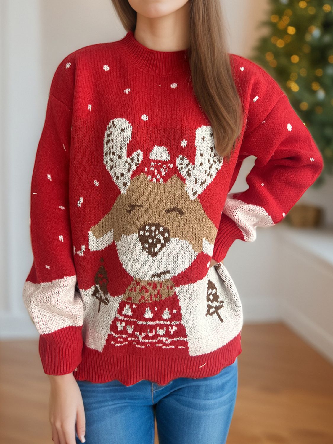 Reindeer Mock Neck Long Sleeve Sweater - Tigbul's Variety Fashion Shop