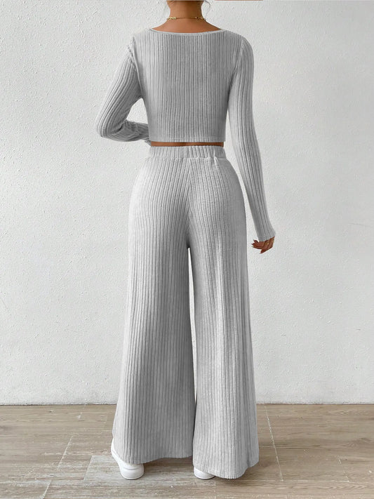 Ribbed Knit Crop Top and Wide Leg Pants Set - Tigbul's Variety Fashion Shop