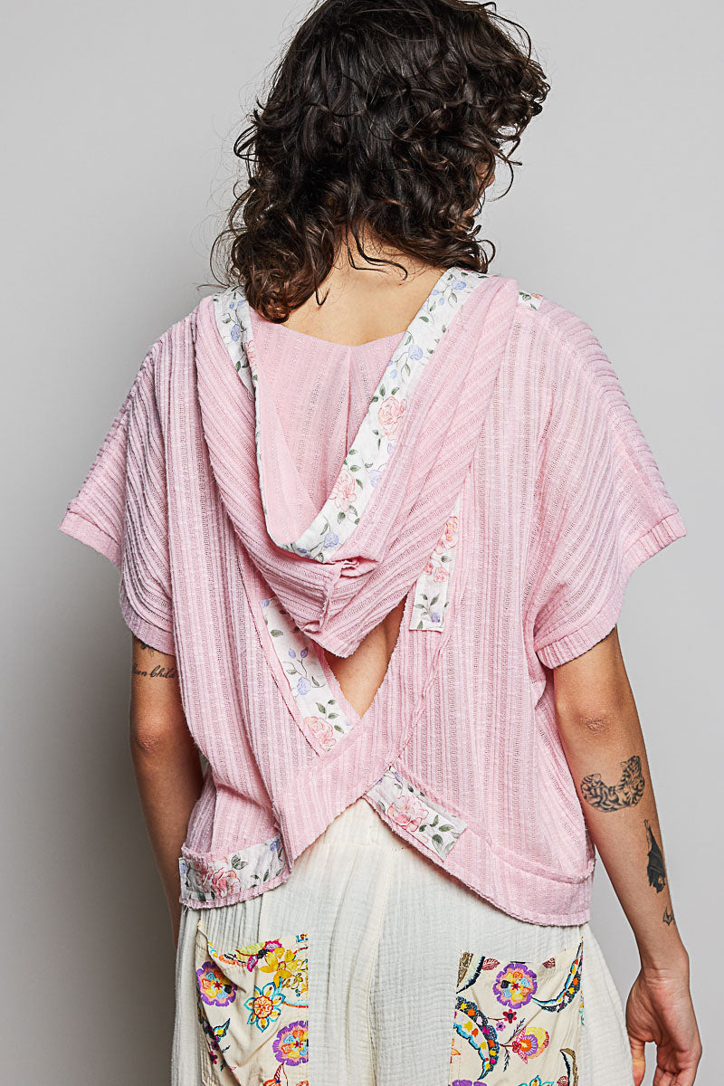 Soft Pink hooded top with back-open detail and floral-lined hood